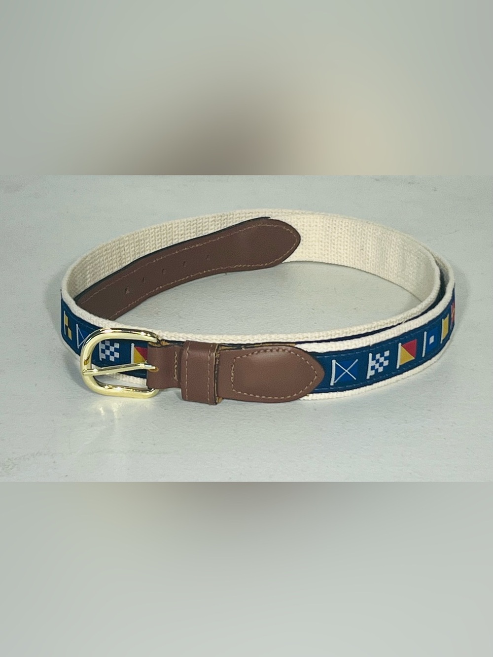West Marine Nautical Code Flag Ribbon Belt Men’s Size 46 Brass Buckle USA